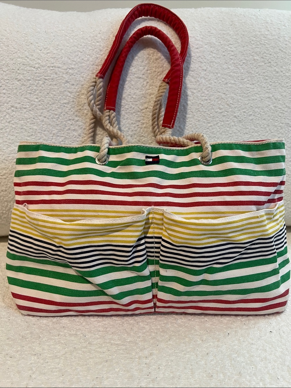 Vintage Tommy Hilfiger Striped Multi-Color Canvas Tote Bag with Rope Handles